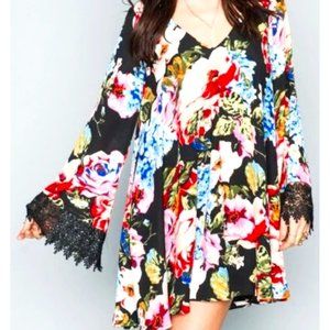 Show Me Your Mumu Dress Portabella Black Floral Mini Swing LS Boho Witchy SMALL